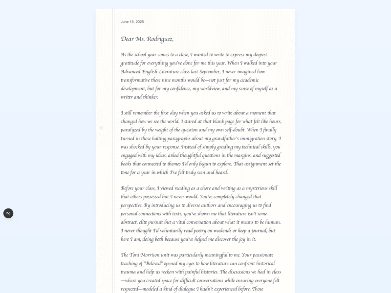 Sample of a thank you letter for a teacher.